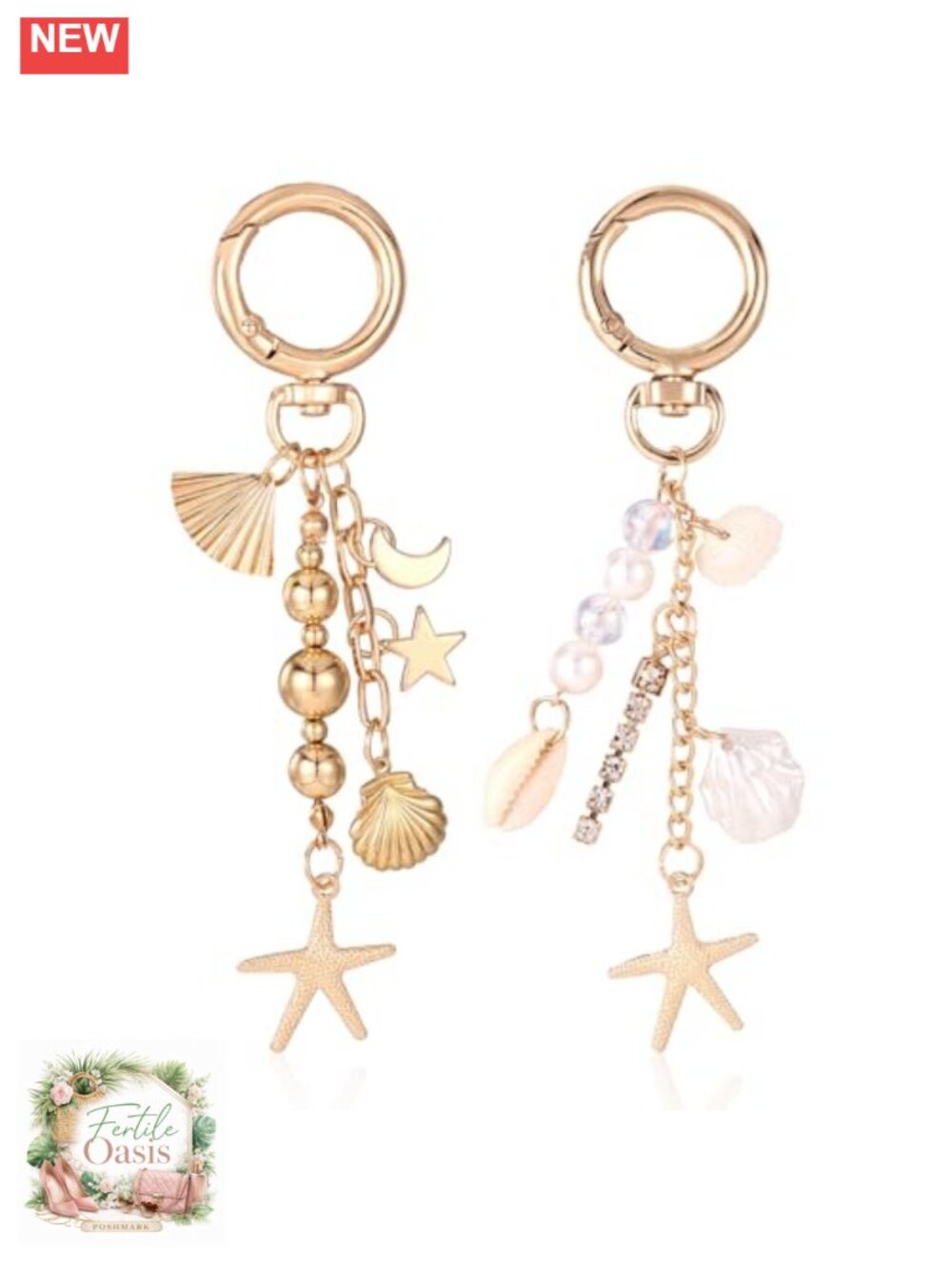 Gold-Plated Starfish & Seashell Keychain Set for Beachy Bag Charm